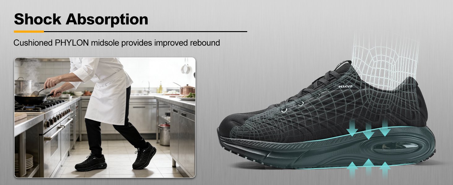 Men Waterproof Oil Resistant Chef Shoe Non Slip Shock Absorbing Work Sneaker PEAKVIP PE25003M Detail (6)