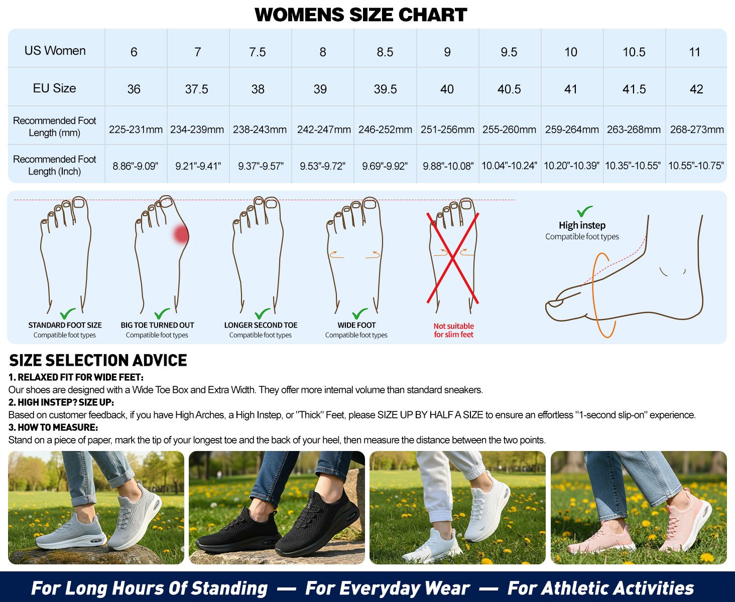 Size Guide – Women Wide Toe Casual Shoe Arch Support Breathable Slip On Sneaker LOCFIR LC26001W